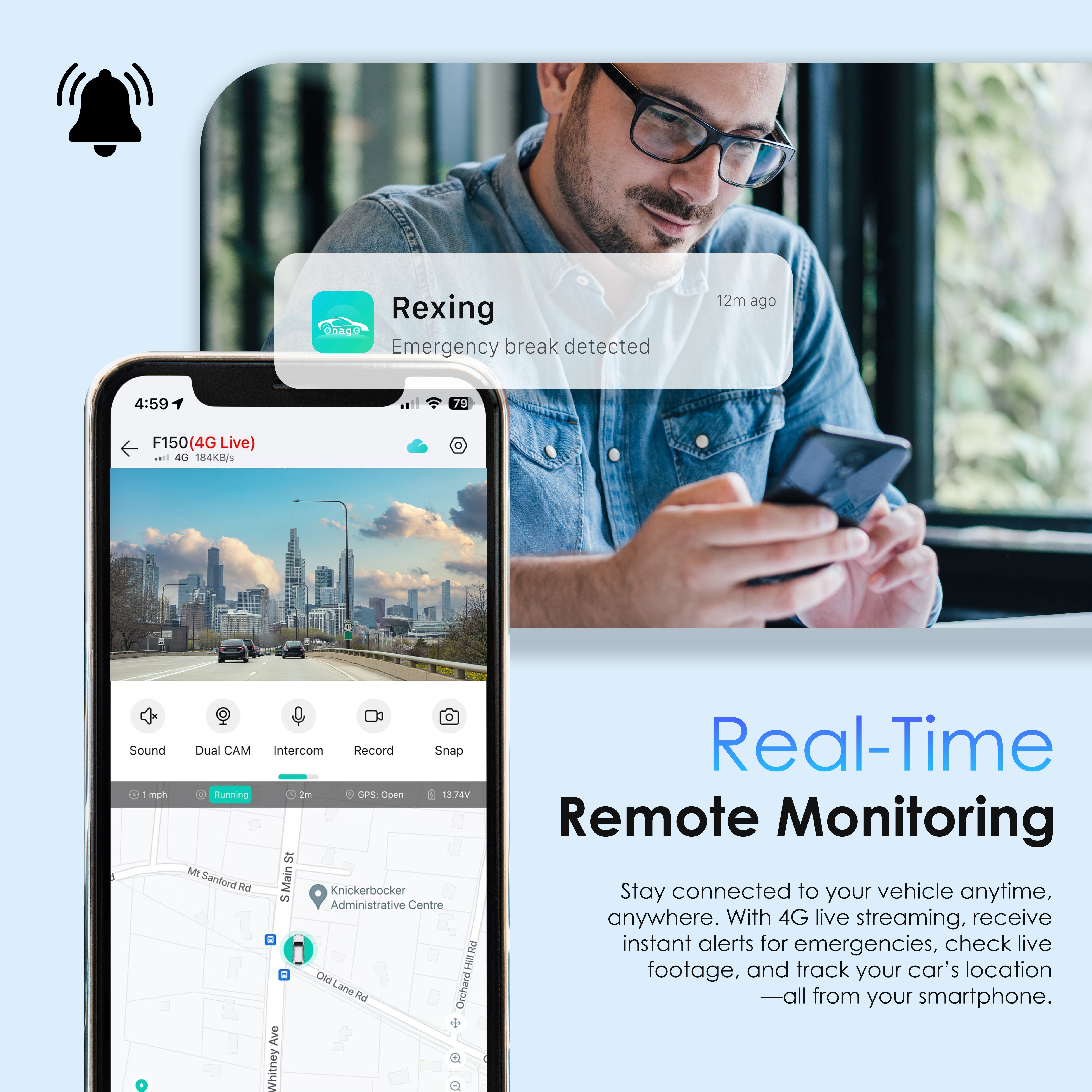 Rexing 4G LTE 2-Channel Dash Cam with GPS – 2.5K Front + 1080p Rear | Real-Time Remote Access & Alerts