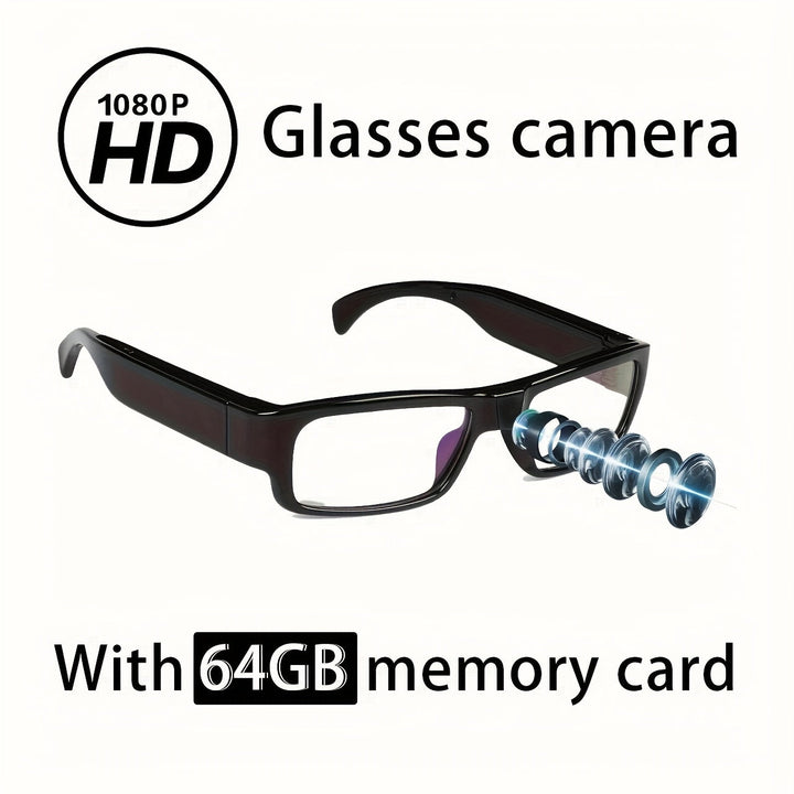 HD 1080P Smart Glasses Camera | Digital Video Recorder, 64GB Memory Card, Black ABS Frame, Rechargeable Battery, Eye Protection, HD Lens, Lightweight & Stylish Design, Sports Action Camera