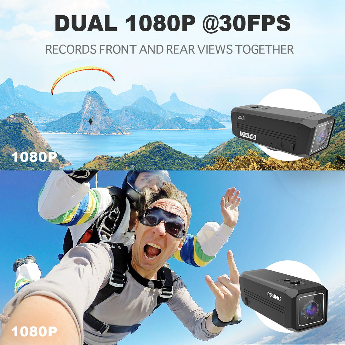 Rexing A1 Dual Action Camera – Front & Back
