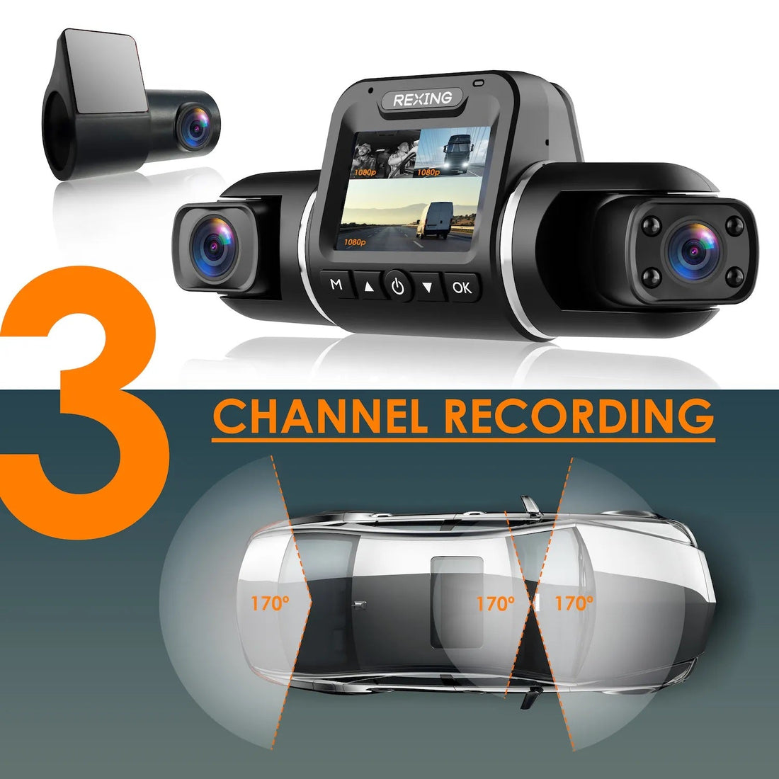Rexing V2 PRO AI Dash Cam, 3-Channel Front/Cabin/Rear 1080p Recording with Wi-Fi and GPS