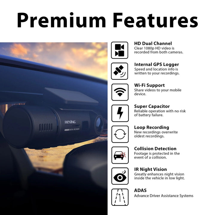 Rexing V3 Bundle Dual Camera Front and Inside Cabin Full HD 1080p with WiFi and Built-in GPS